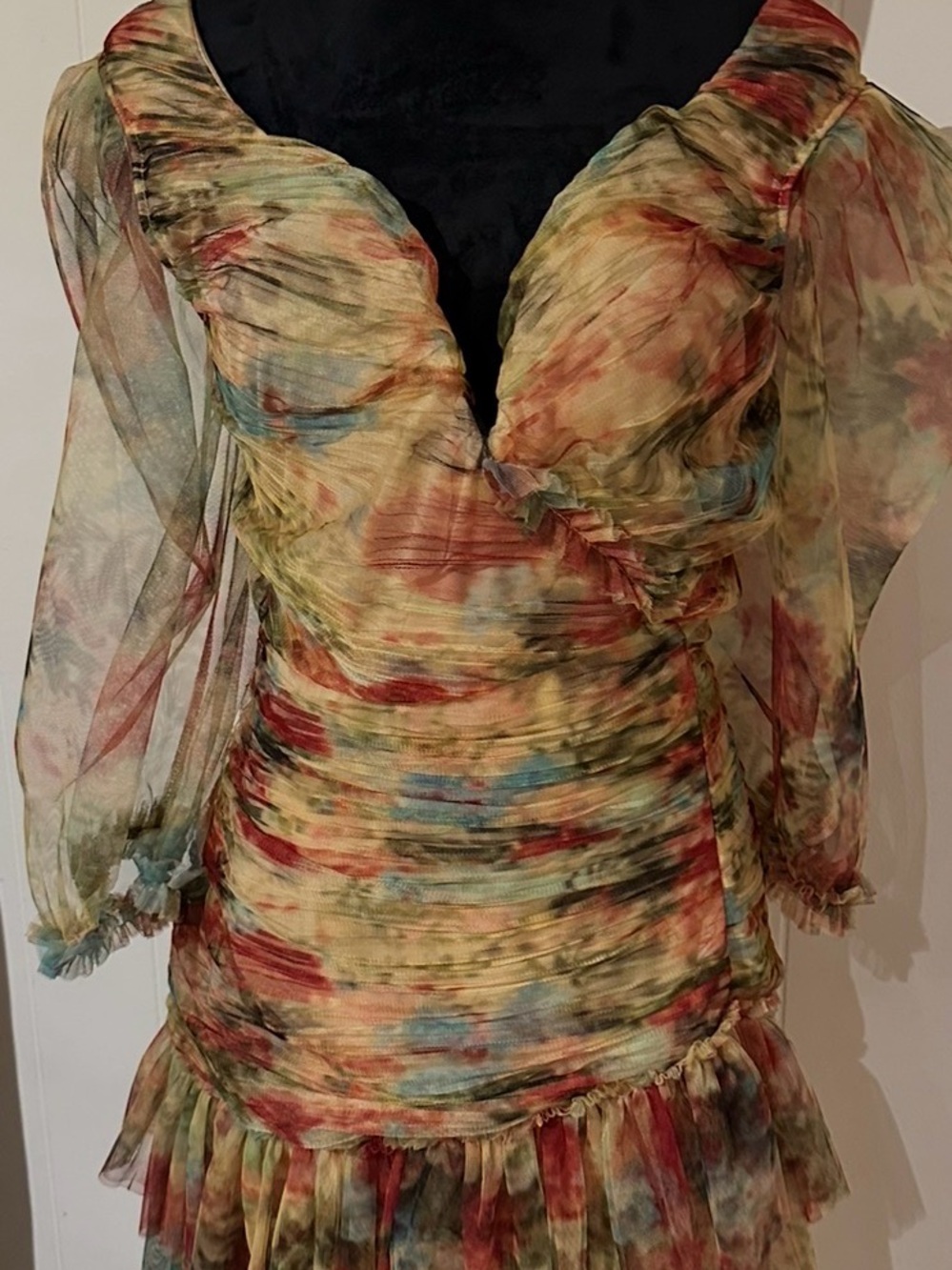 Sheer Ruched V-Neck Floral Tie-Dye Midi Dress in Multi